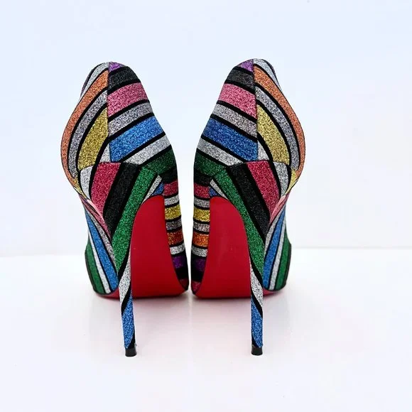 Christian Louboutin Pigalle Follies 100 Striped Glitter Pumps Rainbow Multicolor - Picture 4 of 14